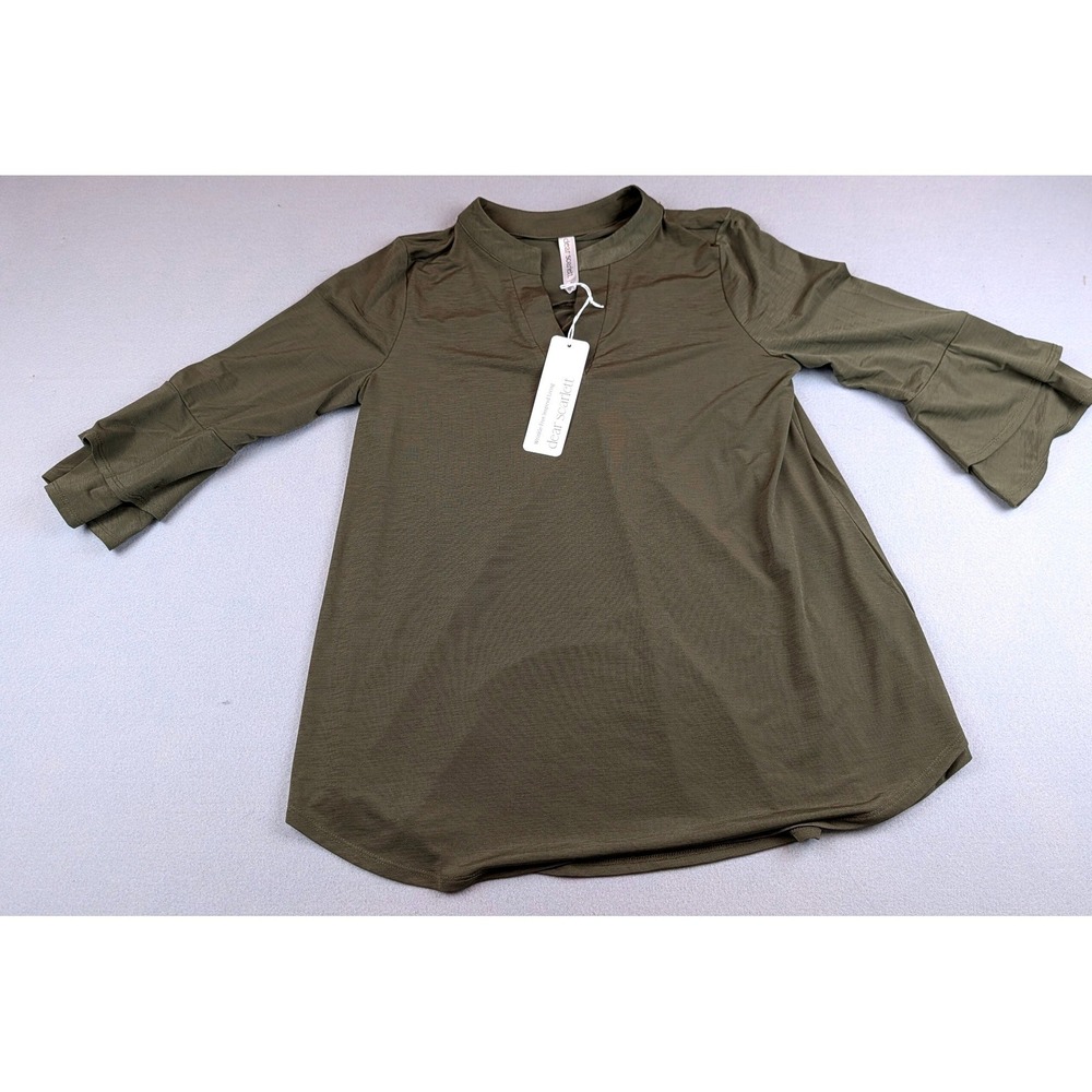 Dear Scarlett Olive Green Wrinkle Free Ruffle Sleeve Blouse Top Small